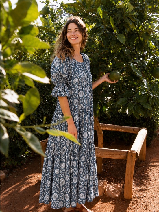 Daughters of India Dresses & Skirts - Daughters of India Sahana Forest Green Floral Block Print Tiered Maxi Dress